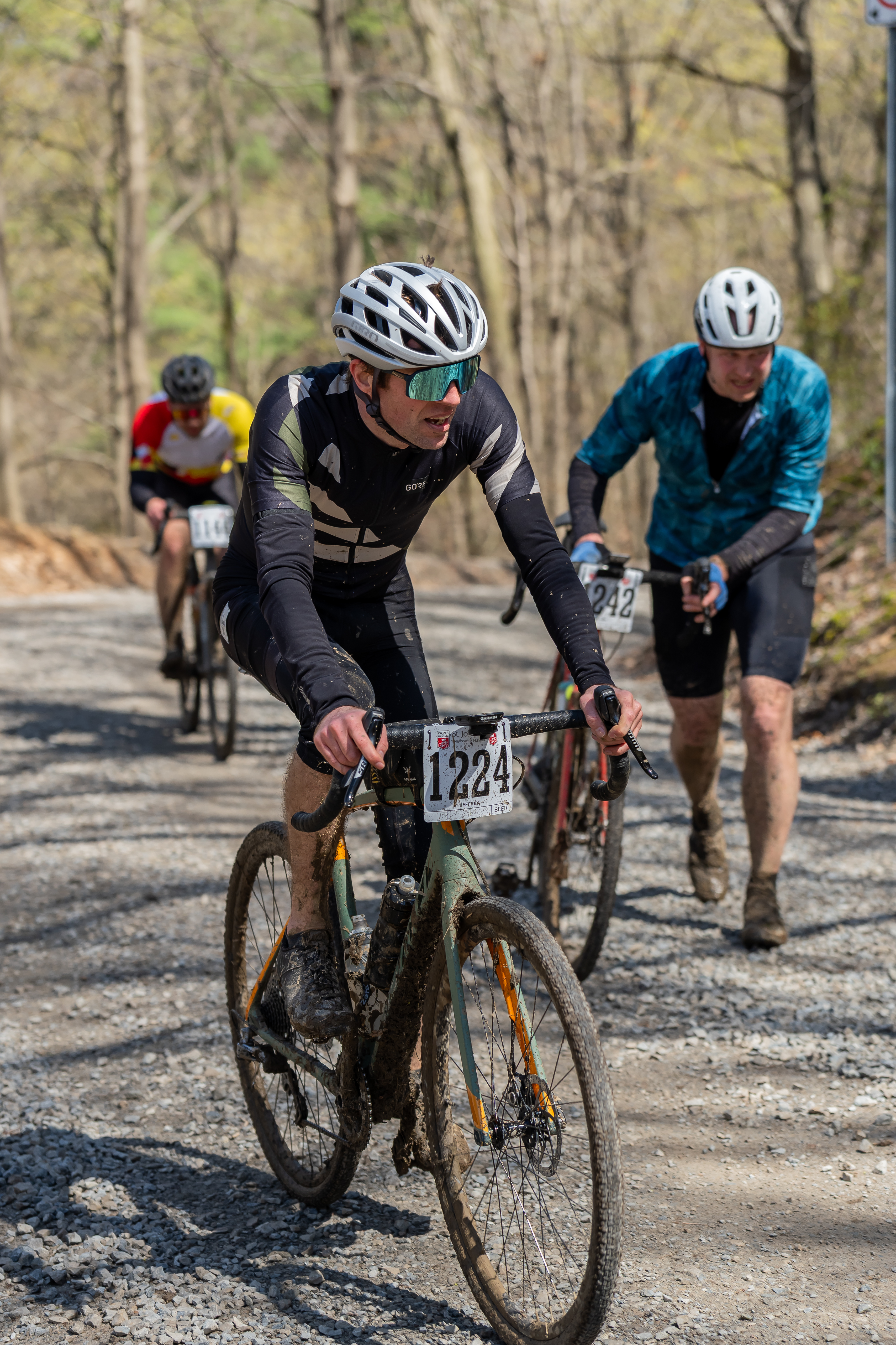 Jeffrey almost up the hill, looking sharp